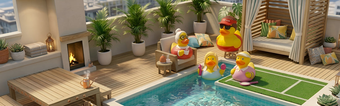 Collectible rubber ducks dressed as grandma, Santa, a golfer, and a teen posed on a sunny rooftop terrace with a pool