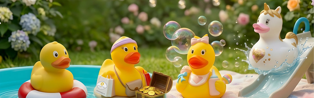 Four collectible yellow rubber ducks displayed beside a pool, gift ideas from Le Petit Duck Shoppe