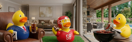 Collectible rubber ducks dressed as a businessman, football player, and BBQ chef displayed in a home setting